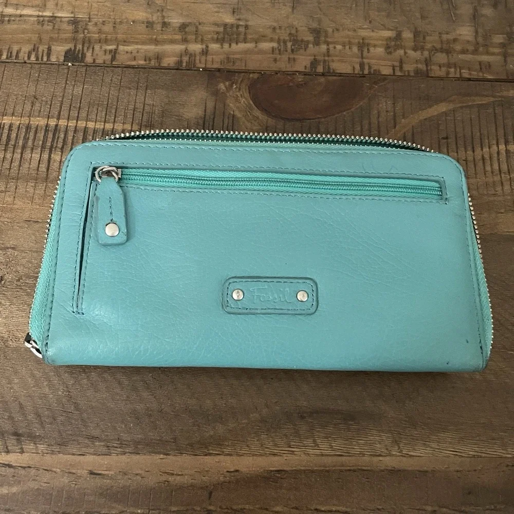 Fossil Jori‎ Flap Clutch Teal Leather Zip Wallet